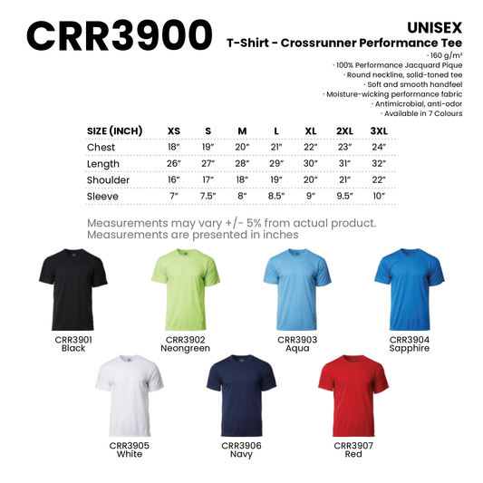 T-Shirt - Crossrunner Performance Tee | Unisex | 160gsm | CRR3900 | Artiztee | Collection | Size Chart