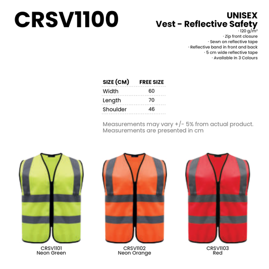 Vest - Reflective Safety | High Visibility | 120gsm | CRSV1100 | Artiztee | Collection | Size Chart