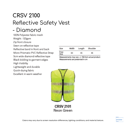 Reflective safety vest diamond 120gsm CRSV2100 Artiztee Collection Size Chart
