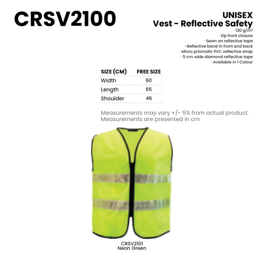 Vest - Reflective Safety | Diamond | 120gsm | CRSV2100 | Artiztee | Collection | Size Chart