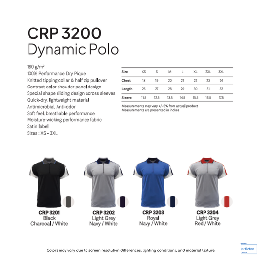 Dynamic Polo Unisex 160gsm CRP3200 Artiztee Collection Size Chart