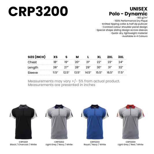 Polo - Dynamic | Unisex | 160gsm | CRP3200 | Artiztee | Collection | Size Chart