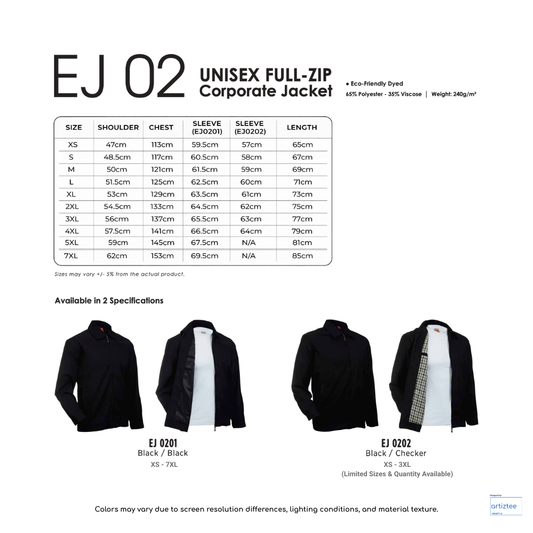 Executive Jacket - Full-Zip | Unisex | Corporate | EJ02 | Collection | Size Chart