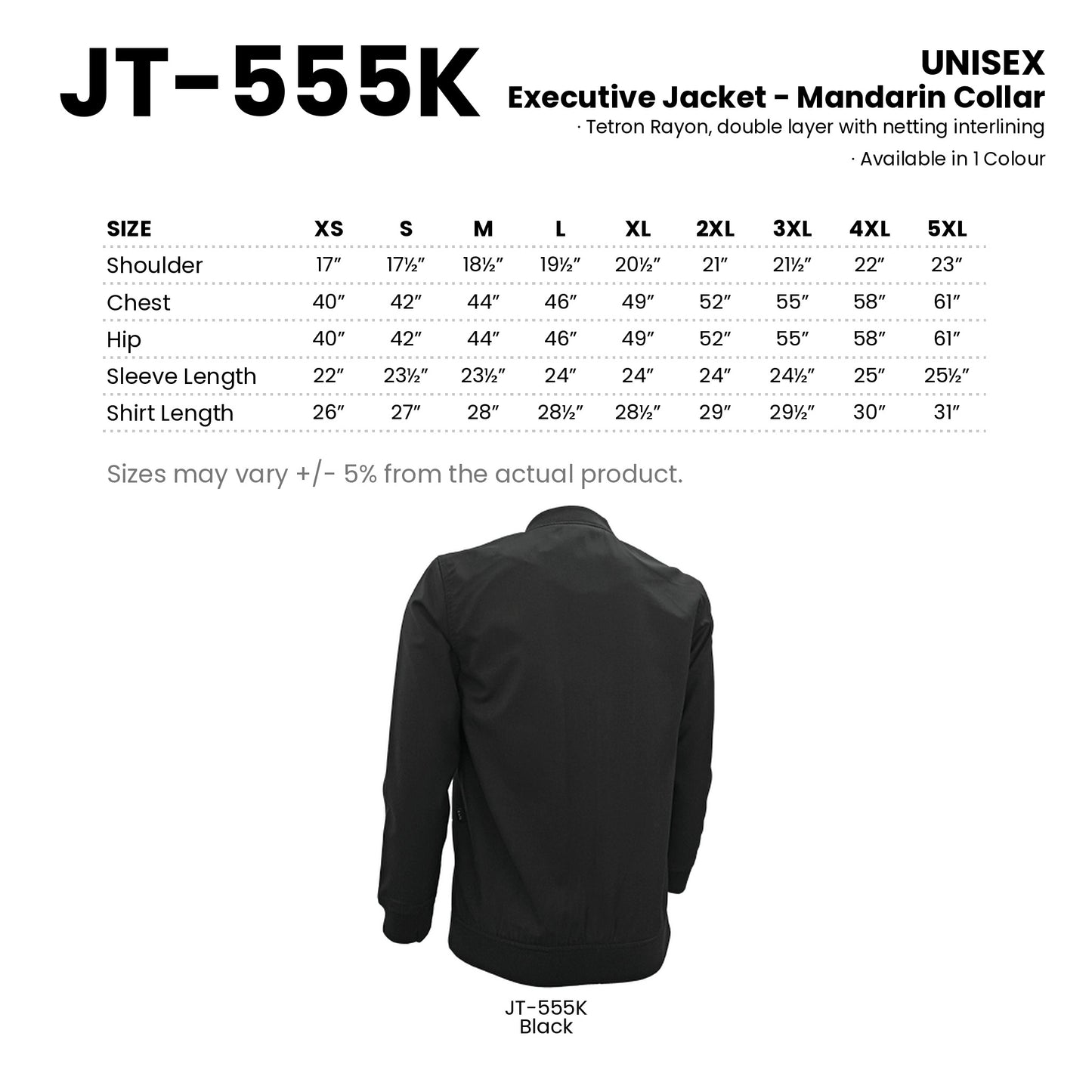 JT-555K size chart and all 1 colourway with codes and names