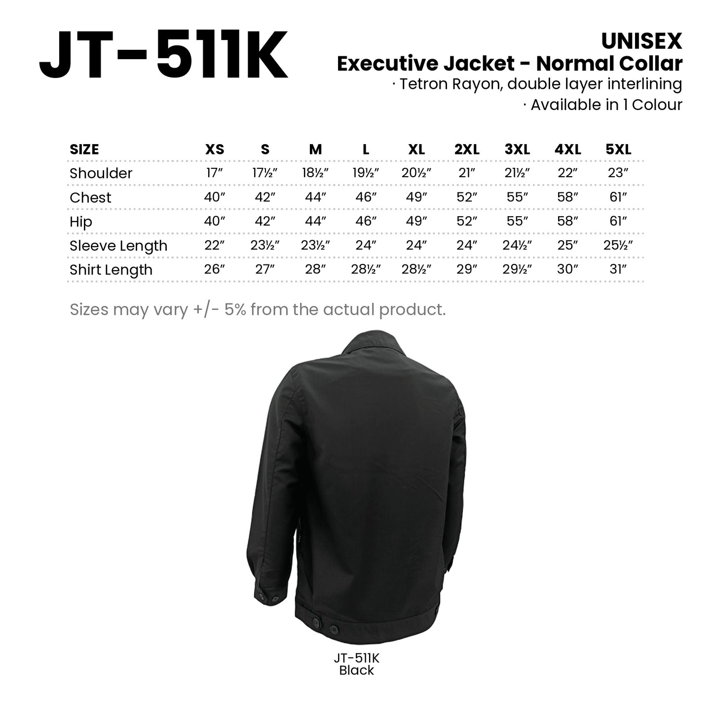 JT-511K size chart and all 1 colourway with codes and names