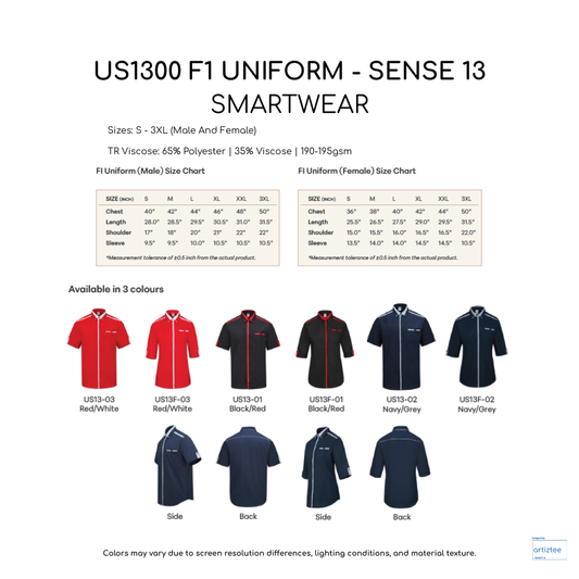 F1 Uniform Sense 13 Smartwear US1300 Collection Size Chart 190gsm TR Viscose