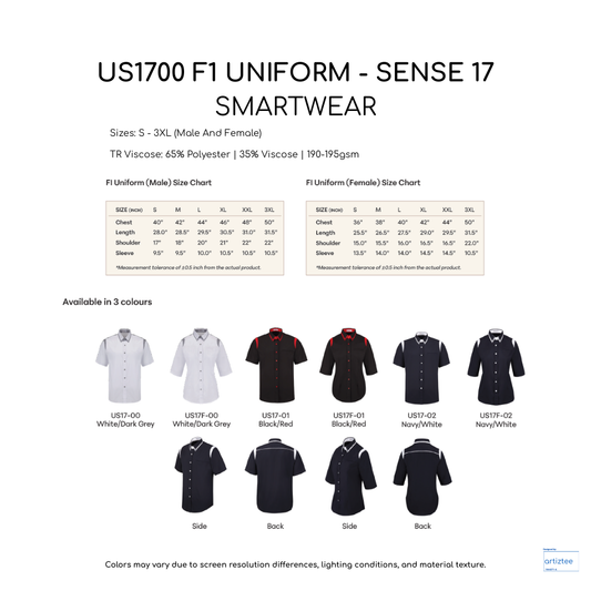 F1 Uniform Sense 17 Smartwear Collection Size Chart US1700 | Artiztee