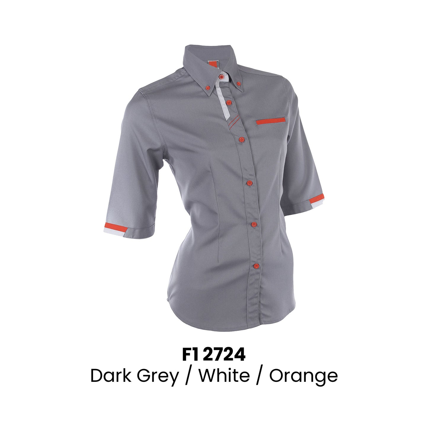 F1 2724 Dark Grey White Orange female 3/4 sleeve corporate uniform shirt 200gsm