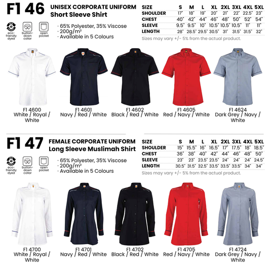 F1 46 | F1 47 size chart and all 5 colourways with codes and names