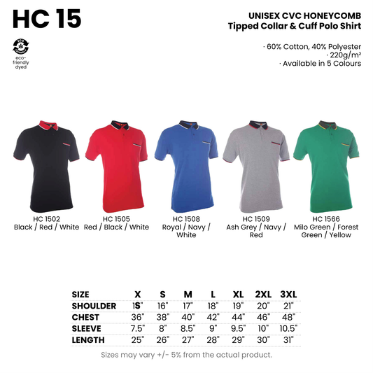 HC 15 size chart and all 5 colourways with codes and names