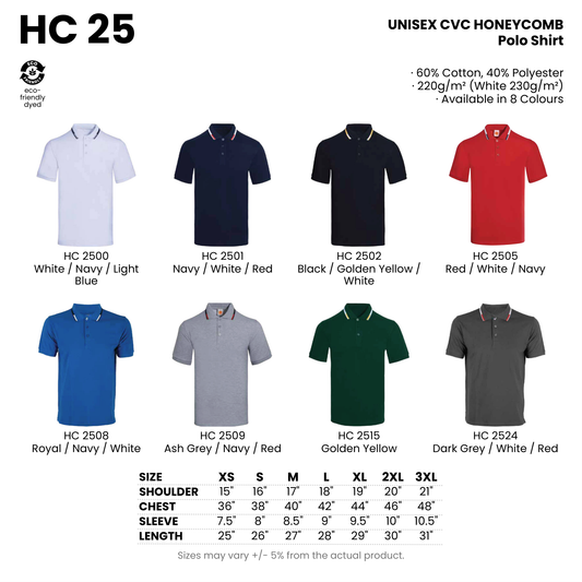 HC 25 size chart and all 8 colourways with codes and names