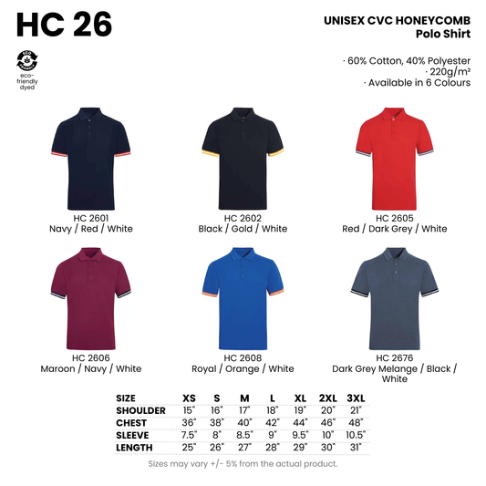 HC 26 size chart and all 6 colourways with codes and names