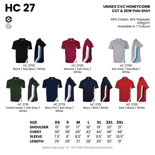 HC 27 size chart and all 7 colourways with codes and names