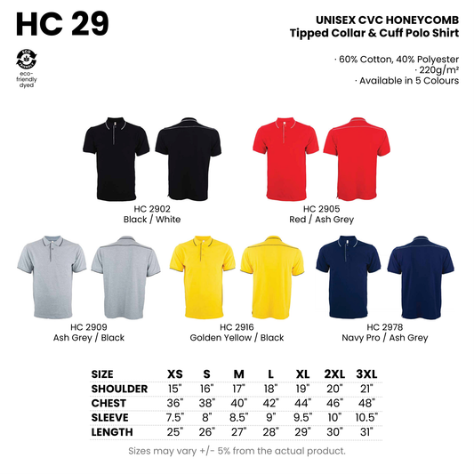 HC 29 size chart and all 5 colourways with codes and names