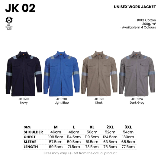 JK 02 size chart and all 4 colourways with codes and names