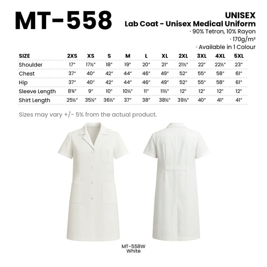MT-558 size chart and all 1 colourway with codes and names