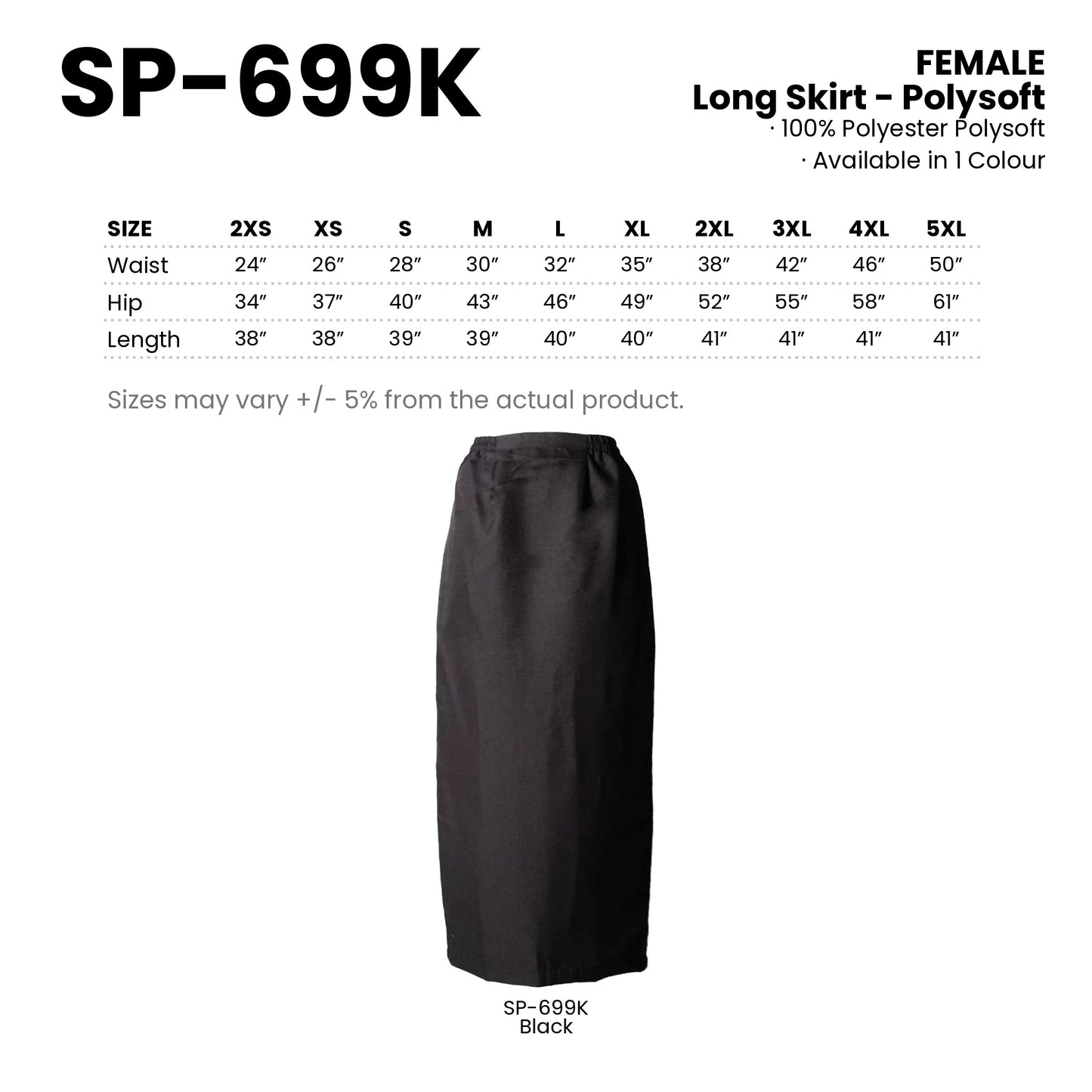 SP-699K size chart and all 1 colourway with codes and names