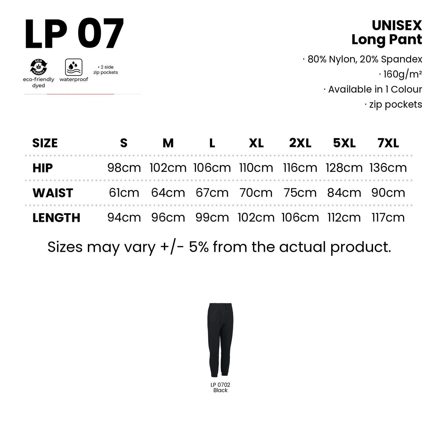LP07 size chart from S to 7XL with measurements