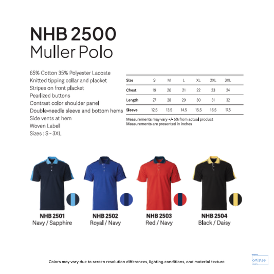 Unisex Polo - Muller 220gsm | Navy Sapphire | NHB2500 | Artiztee | Collection | Size Chart
