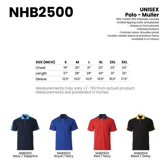 Polo - Muller | Unisex | 220gsm | NHB2500 | Artiztee | Collection | Size Chart