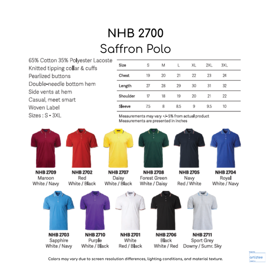 Polo Saffron Unisex 220gsm NHB2700 Artiztee Collection Size Chart
