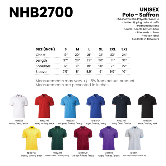 Polo - Saffron | Unisex | 220gsm | NHB2700 | Artiztee | Collection | Size Chart