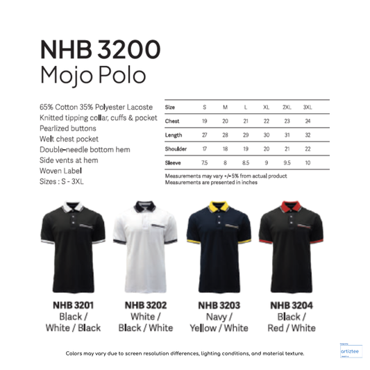 Polo - Mojo Unisex 220gsm HB3200 Artiztee Collection Size Chart