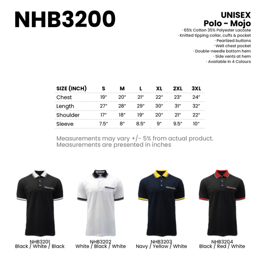 Polo - Mojo | Unisex | 220gsm | NHB3200 | Artiztee | Collection | Size Chart