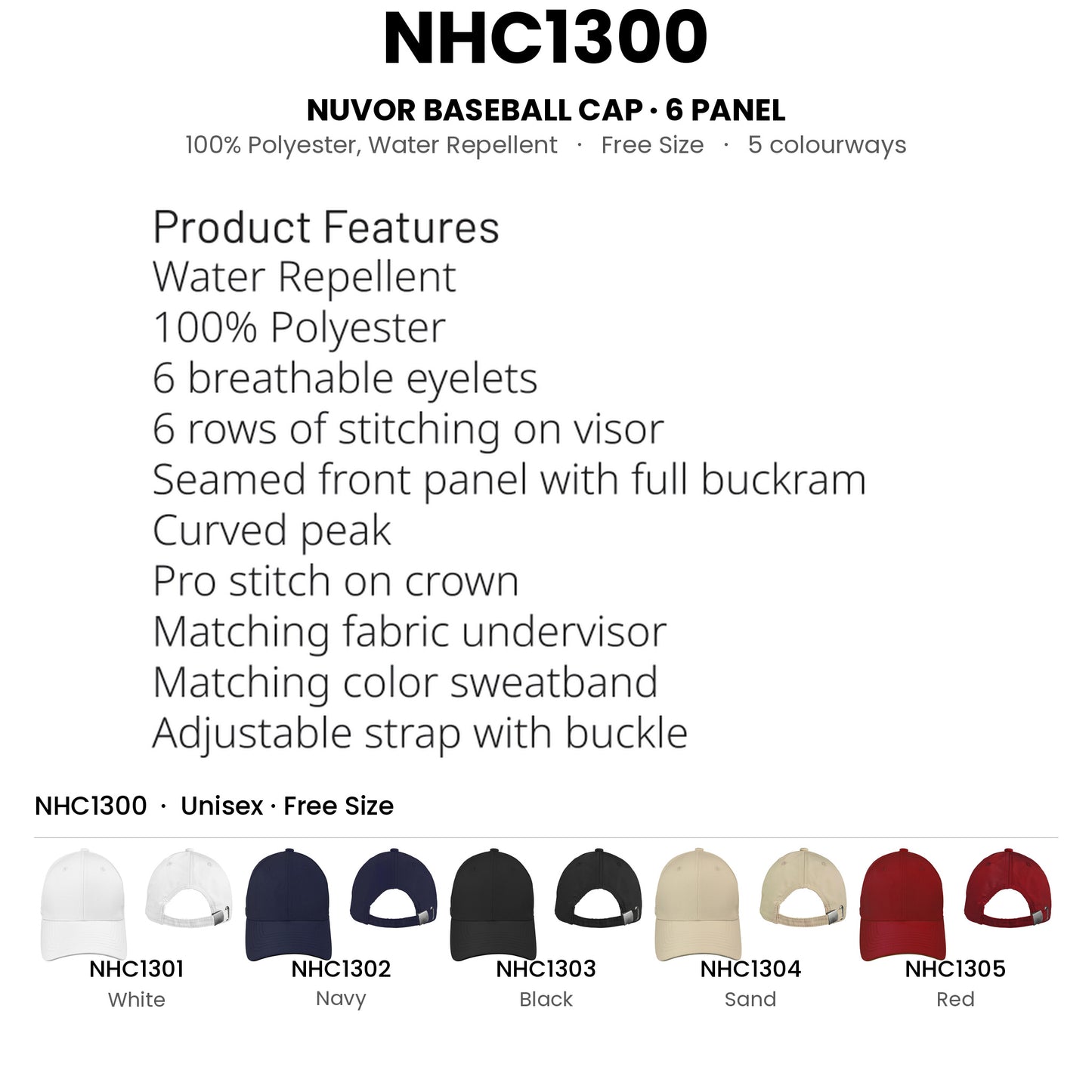 NHC1300 product features and all 5 colourways with codes and names