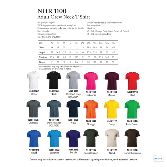 T-Shirt Adult Crew Neck Unisex 160gsm | NHR1100 | Artiztee | Collection | Size Chart