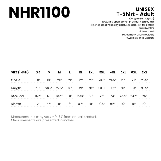 T-Shirt - Adult | Crew Neck | Unisex | 160gsm | NHR1100 | Artiztee | Size Chart