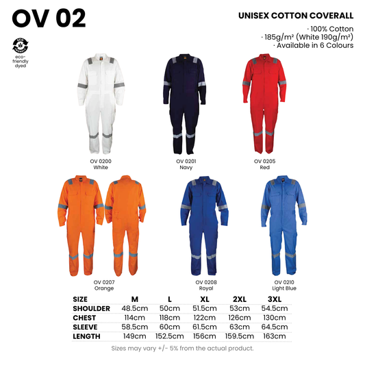 OV 02 size chart and all 6 colourways with codes and names