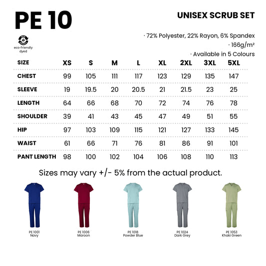 PE10 size chart from XS to 5XL with measurements