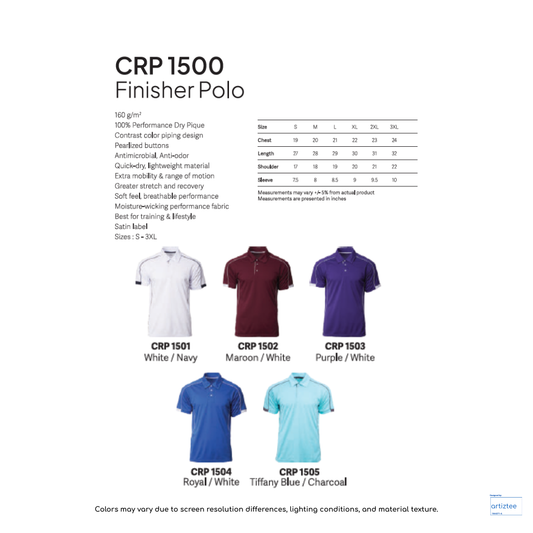 Polo Finisher Unisex 160gsm CRP1500 Artiztee Collection Size Chart