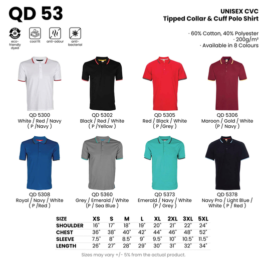 QD 53 size chart and all 8 colourways with codes and names