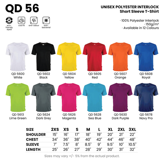 QD 56 size chart and all 12 colourways with codes and names