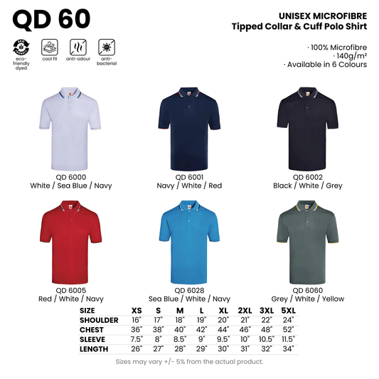 QD 60 size chart and all 6 colourways with codes and names