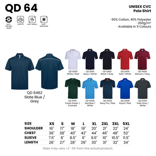 QD 64 size chart and all 11 colourways with codes and names