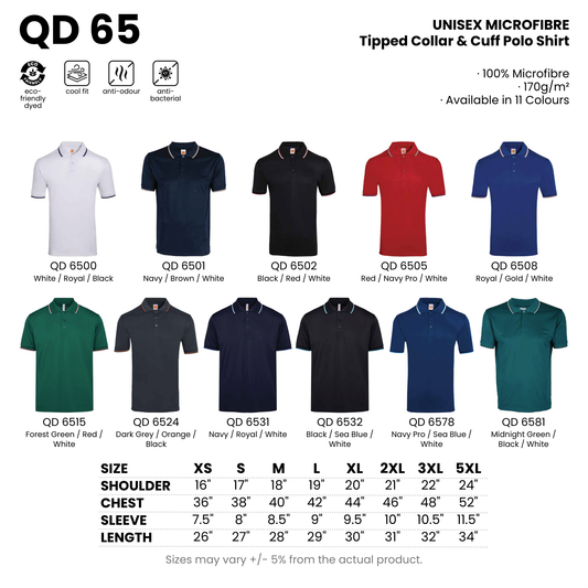 QD 65 size chart and all 11 colourways with codes and names