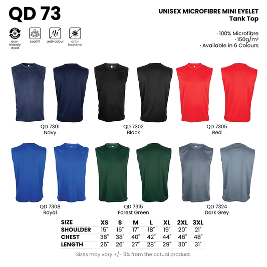 QD 73 size chart and all 6 colourways with codes and names