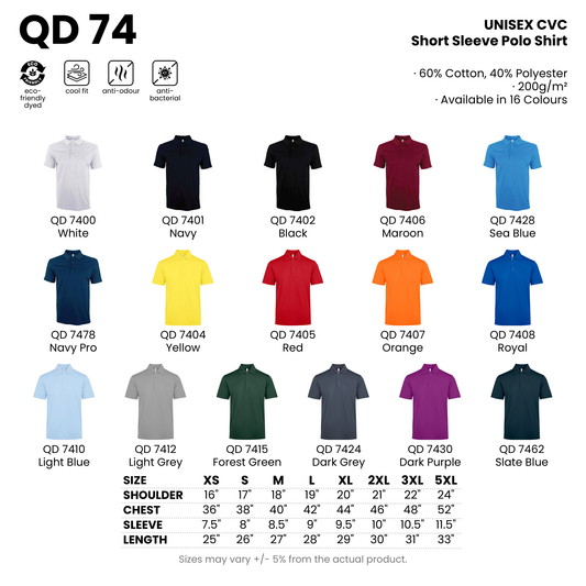 QD 74 size chart and all 16 colourways with codes and names