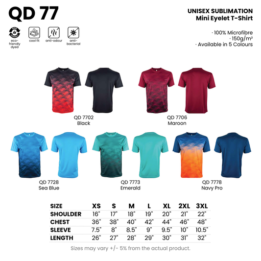 QD 77 size chart and all 5 colourways with codes and names