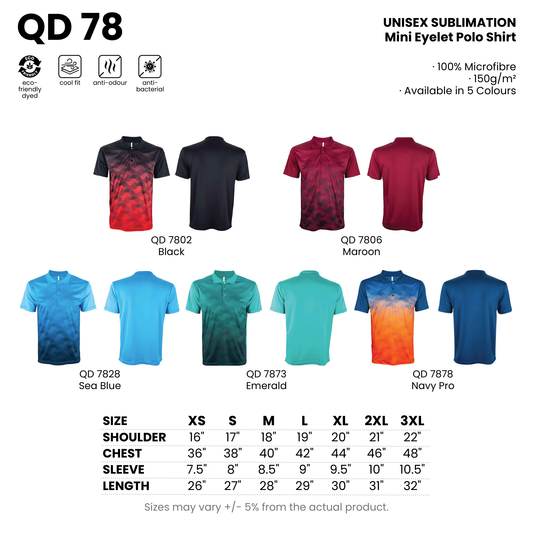 QD 78 size chart and all 5 colourways with codes and names