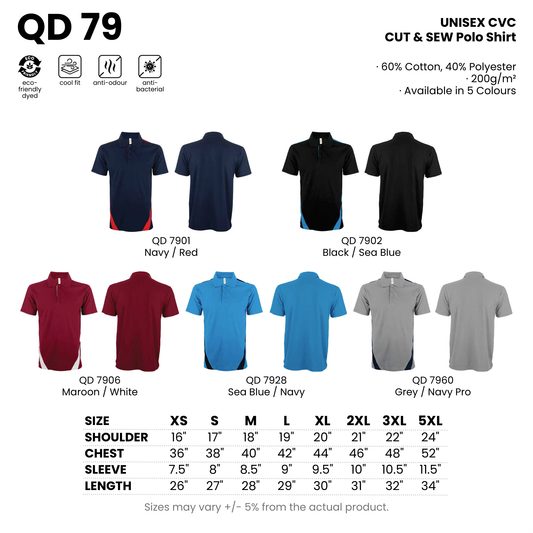 QD 79 size chart and all 5 colourways with codes and names