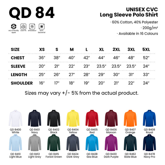 QD84 size chart and all 16 colours with codes and names