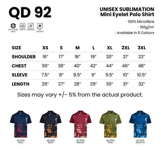 QD92 size chart from XS to 3XL with shoulder, chest, sleeve and length measurements, plus all 5 available colours in 100% microfibre 150gsm