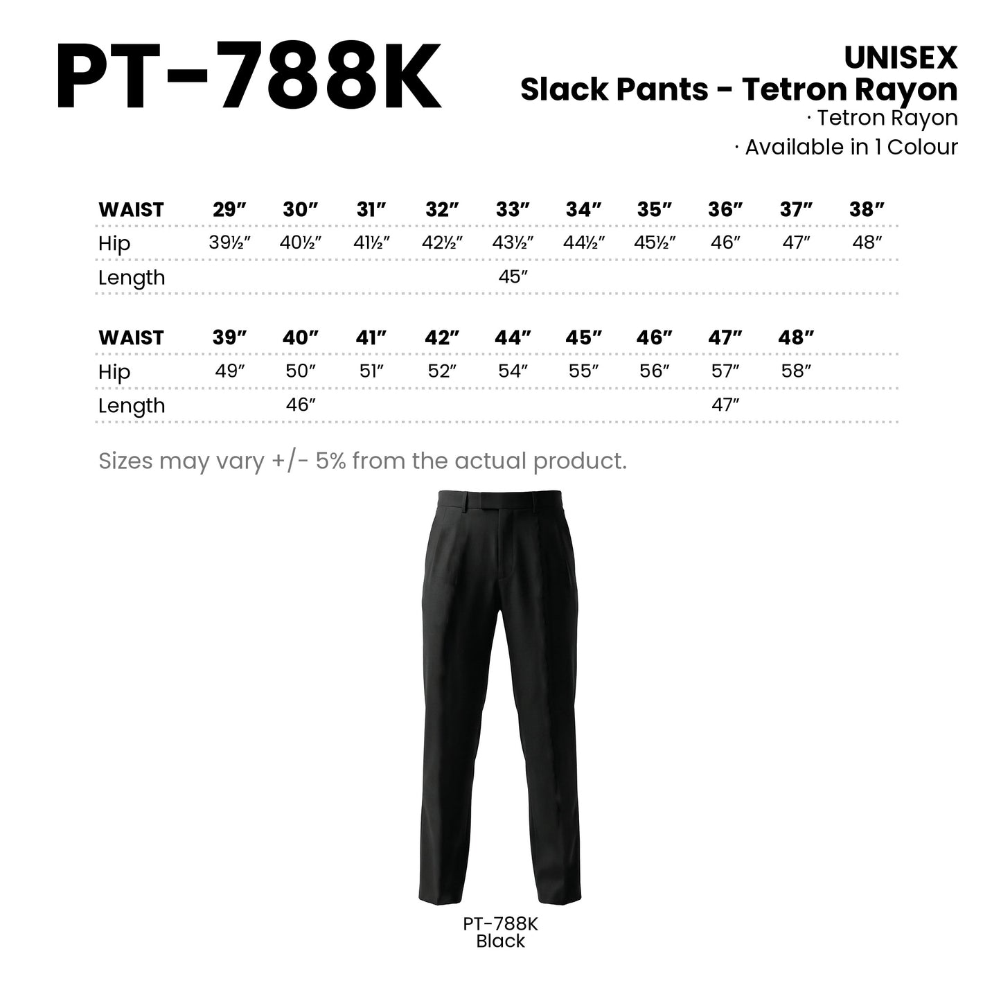 PT-788K size chart and all 1 colourway with codes and names