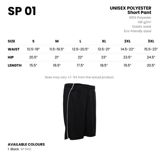 SP 01 unisex polyester short pant details - 140gsm, elastic waist, size chart S to 3XL