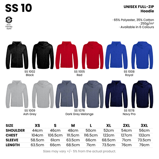 SS 10 size chart and all 6 colourways with codes and names