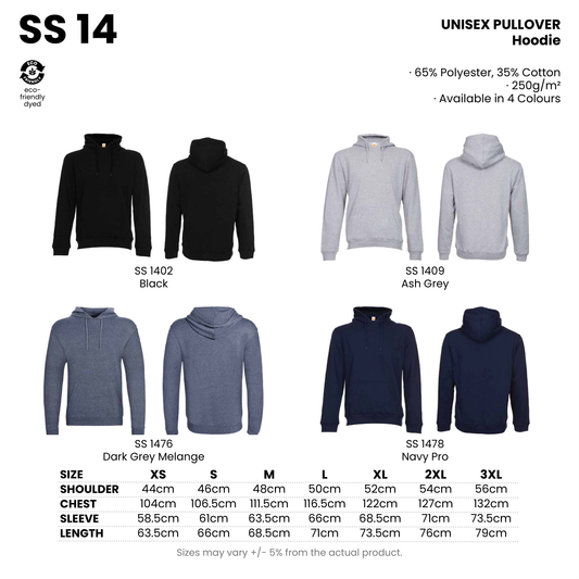 SS 14 size chart and all 4 colourways with codes and names